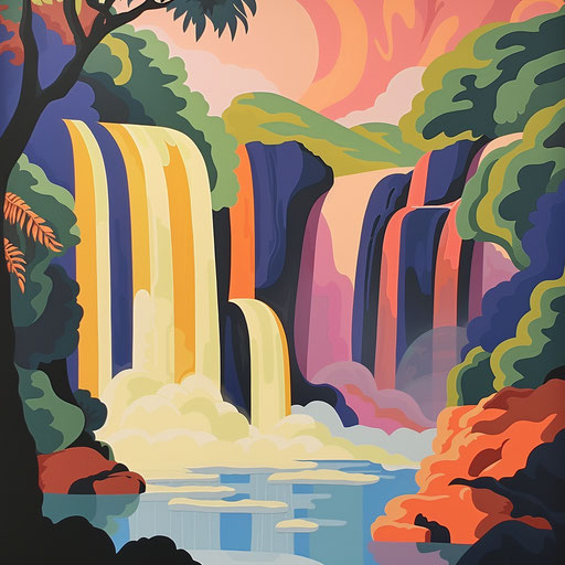 Tegenungan Waterfall with bold shapes and vibrant colors in the style of Ed Mell