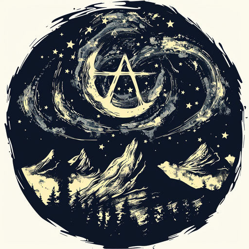 Serene tattoo sketch with anarchy symbol in starry night sky, dark hues