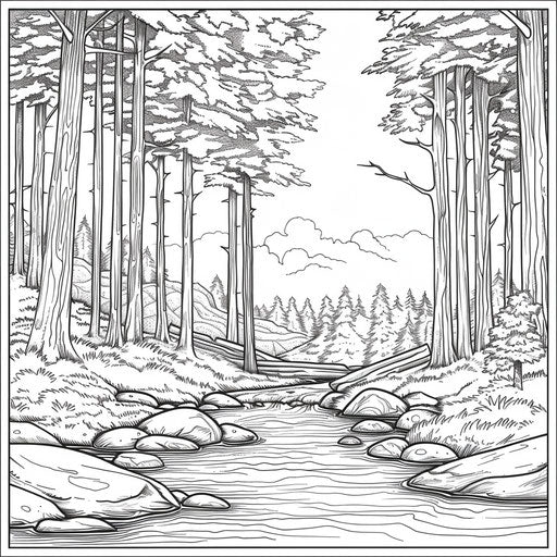 Tranquil forest scene with a river flowing through it