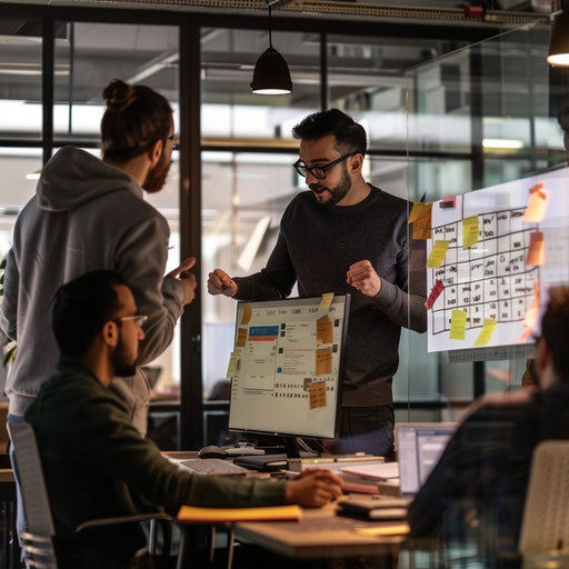 Team of developers in sprint review in agile workspace