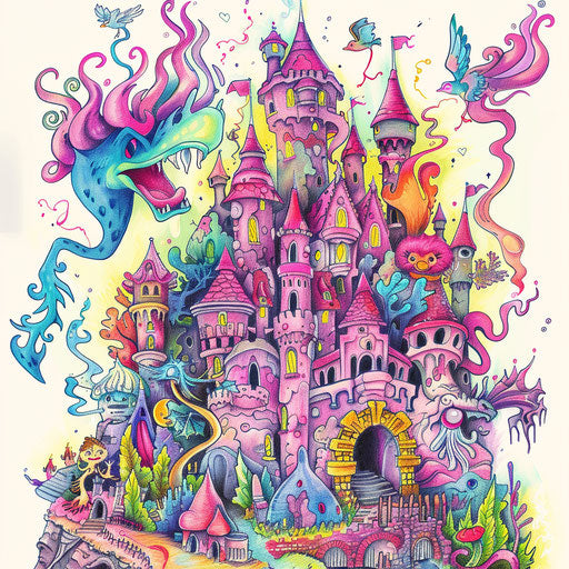 Enchanting castle with magical creatures