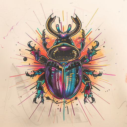 Sketch of a mystical beetle with aura and energy waves in a psychedelic clipart style