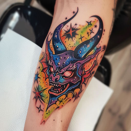 Cosmic devil tattoo on white canvas