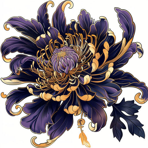 Graphic illustration of a Japanese chrysanthemum tattoo