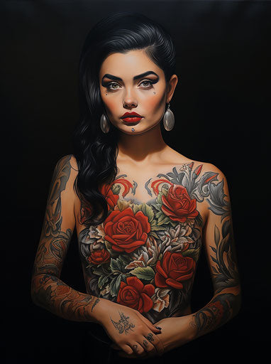 Lady posing in traditional Mexican-American tattoo style