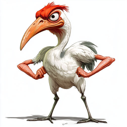 Humorous caricature of a crane with human characteristics