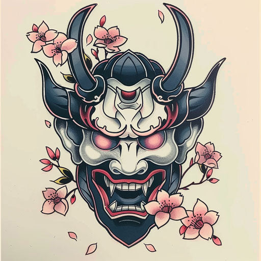 Flat tattoo sketch of a Hannya mask with a minimalist design and soft pastel background