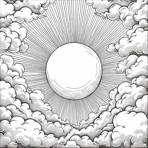 A detailed sun surrounded by clouds. Coloring book page