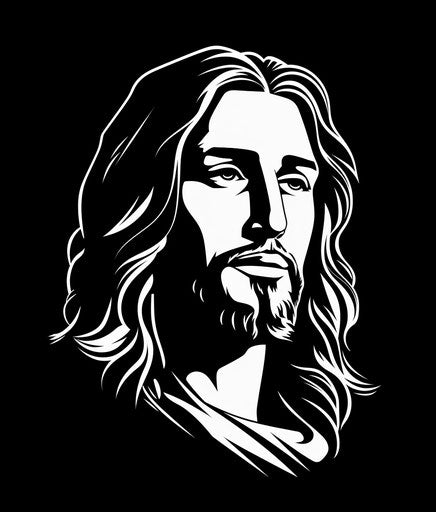 Black and white outline of Jesus' face, vector illustration