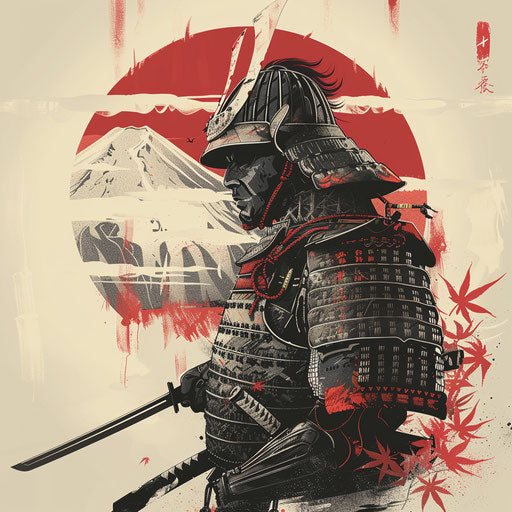 Samurai warrior under red sun near Mount Fuji