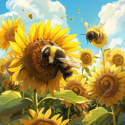 Natural interaction of a bee pollinating sunflowers on a sunny day