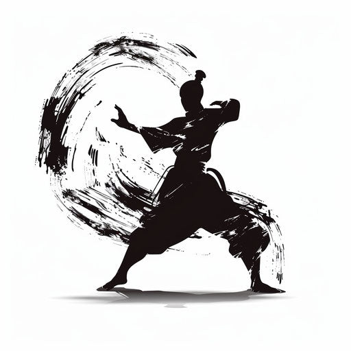 Silhouette of martial artist practicing Tai Chi, tattoo design in fluid black lines on white background