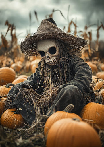 Scarecrow in pumpkin patch creates spooky atmosphere