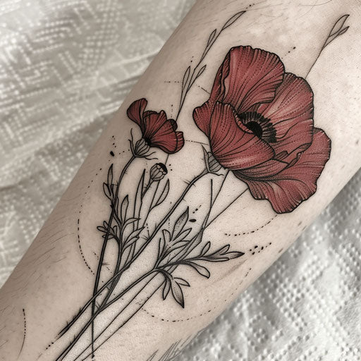 Bold graphic poppy tattoo design on white canvas