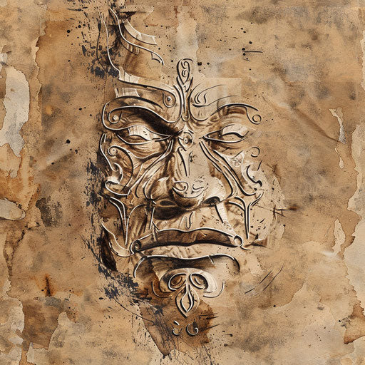 Rustic tattoo sketch of a moko design with earthy tones