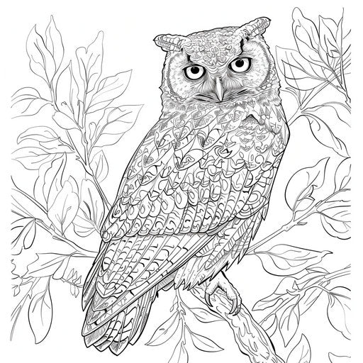 Cute owl on a branch. Coloring book page