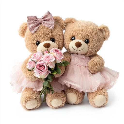 Adorable teddy bear couple with roses, pink dress on white