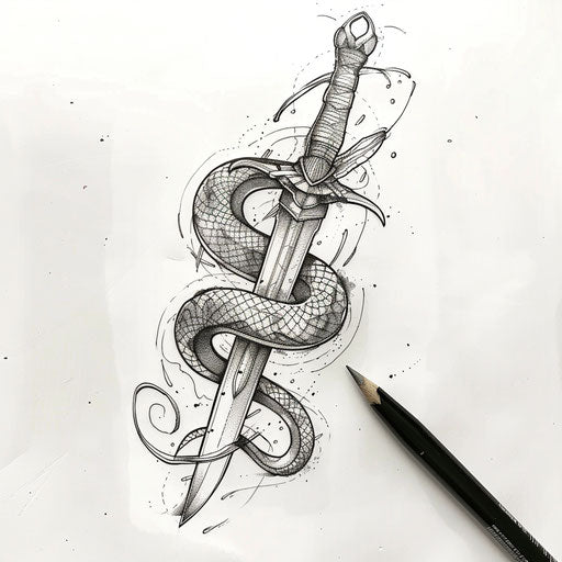 Contemporary tattoo sketch of a venomous snake wrapped around a dagger, flat style in silver and black
