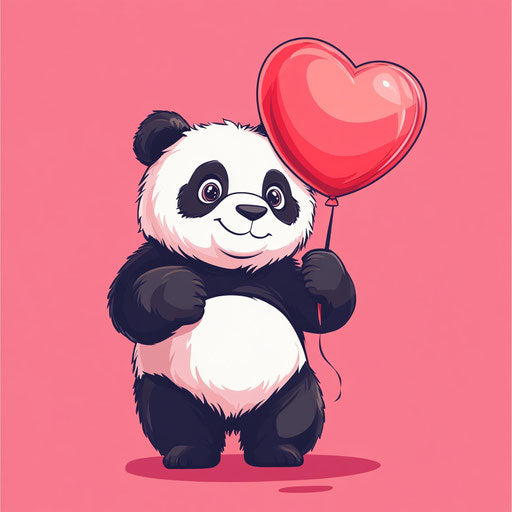 Adorable panda holding heart balloon on pink background