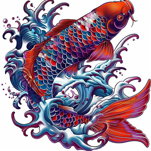Colorful illustration of a traditional Japanese koi fish tattoo on white background