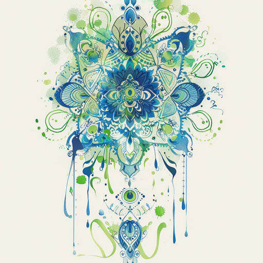 Intricate unalome tattoo combined with a mandala in blue and green shades on white canvas