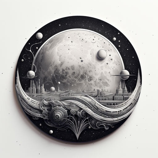 Planet with asteroid and spaceship in dotwork tattoo style