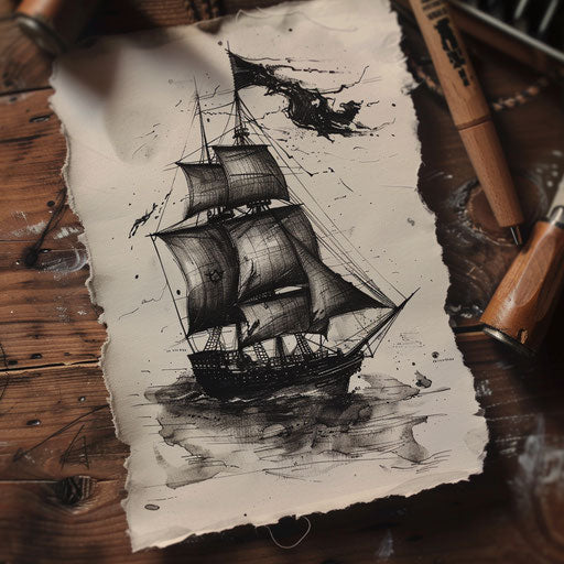 Black flag waving on wooden ship deck