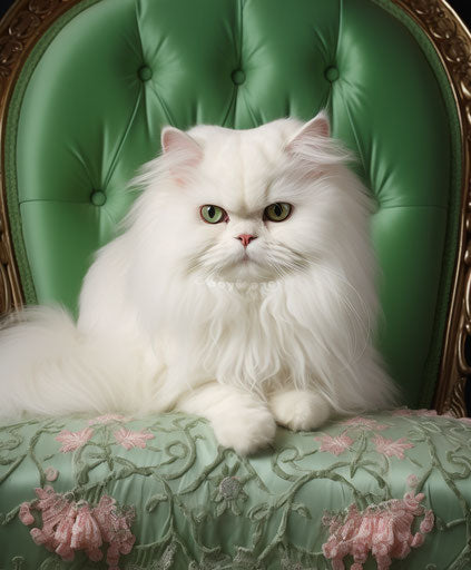 White Persian cat on a bench with green eyes