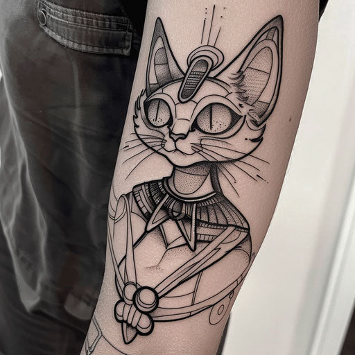 Charming flat tattoo sketch of a cartoon Bastet with oversized, playful features