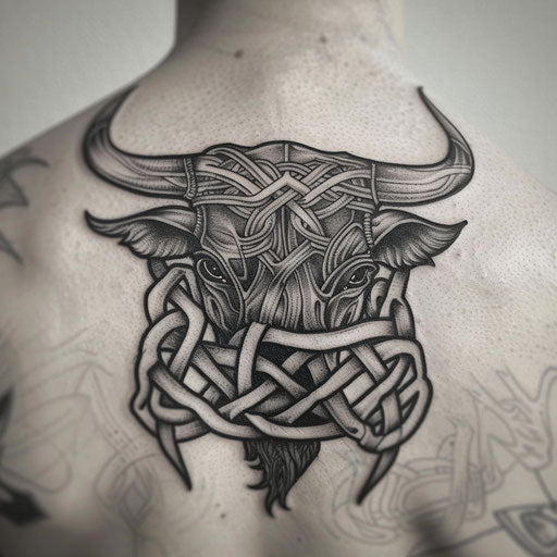 Celtic-inspired bull tattoo with intricate knots and loops