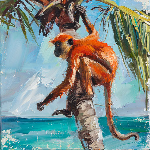 Adventurous Zanzibar red colobus monkey climbing tall coconut palm