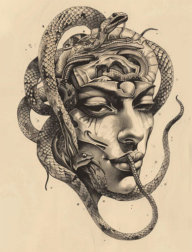 Egyptian head with snakes in blue, underwater world