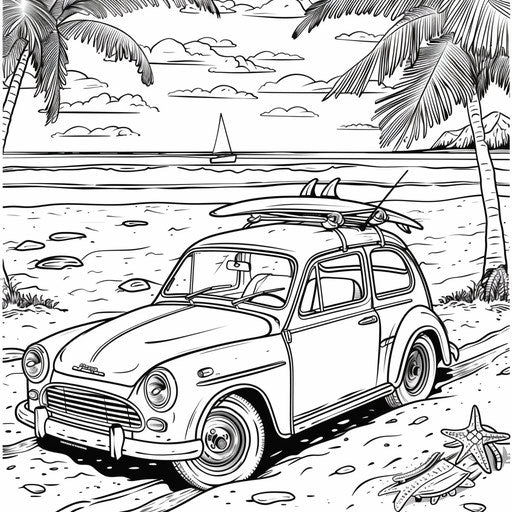 Car with surfboard at the beach