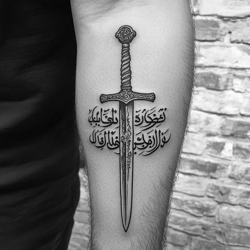 Arabic tattoo of a sword wrapped in calligraphy on the bicep