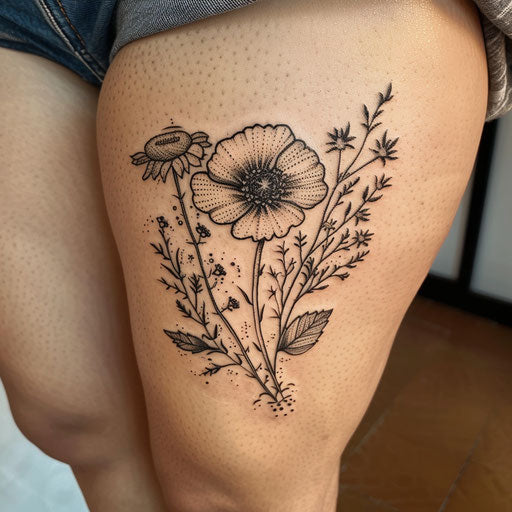 Wildflower tattoo, stippling technique, black and grey, detailed shading
