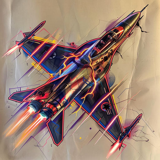 Bold neon tattoo sketch of a fighter jet with lightning bolts