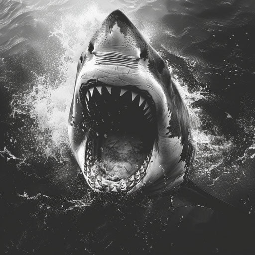 Great white shark with open mouth displaying rows of teeth