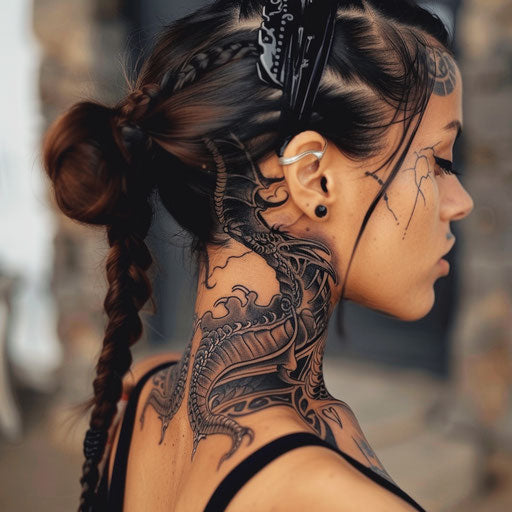 Neck tattoos for women in the style of David Palumbo with a dark, fantasy theme