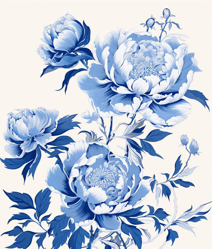 Blue peony on white background, masami teraoka style, brown and blue