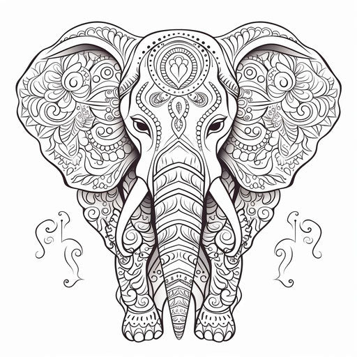 Elephant pattern coloring page, dark and ornamental style