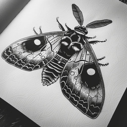 Retro death moth comic style with bold outlines and dots