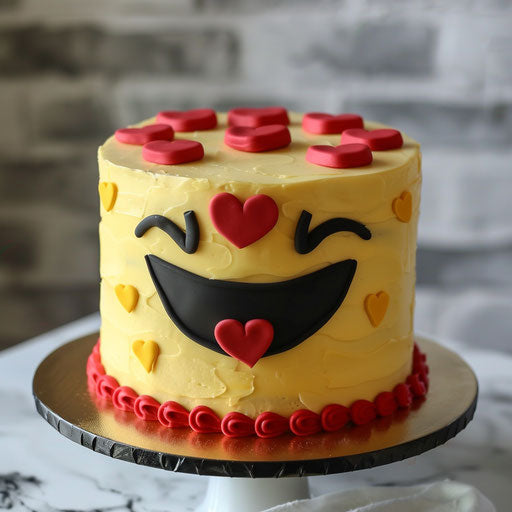 Yellow cake with red heart eyes and black mouth