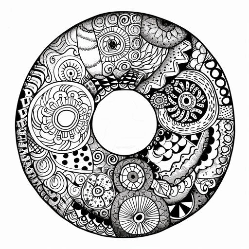 An intricate donut with geometric patterns and shapes. Coloring book page