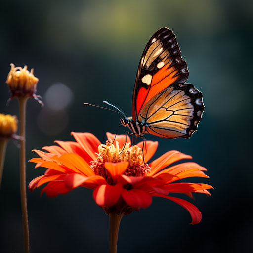 Orange butterfly on red flower, light orange and dark black style