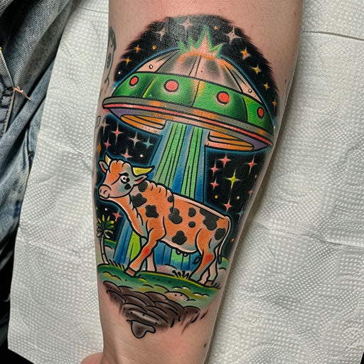 Colorful tattoo of a UFO abducting a cow on white background