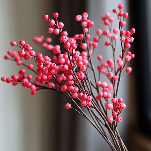 35 pink Valentine's Day flowers with red berries on long brown stems for wedding table decoration