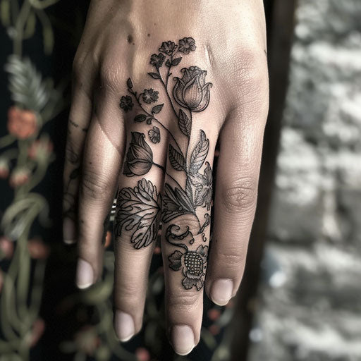 Botanical ring finger tattoos