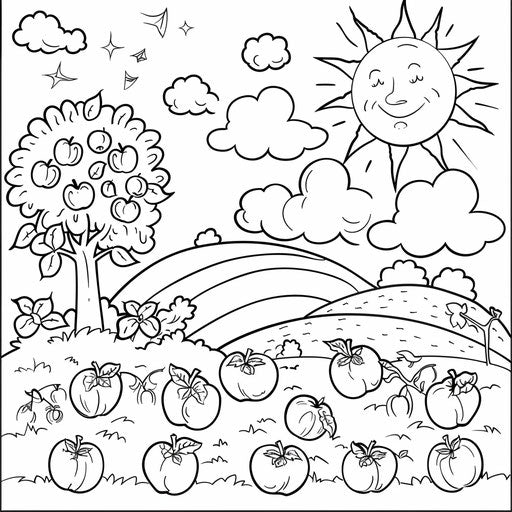 Child-friendly scene with apples, a sun, and clouds. Coloring book page
