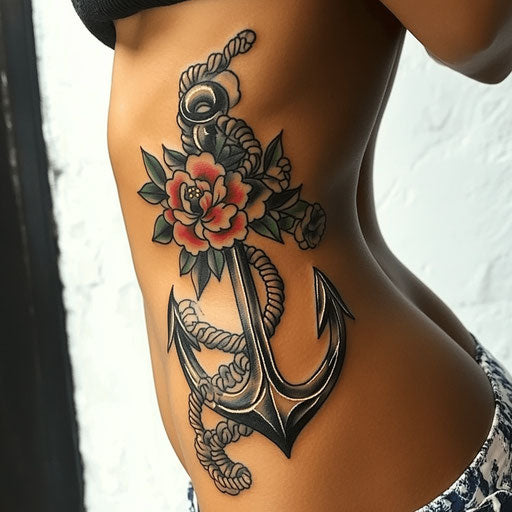 Side tattoos for women with traditional anchor