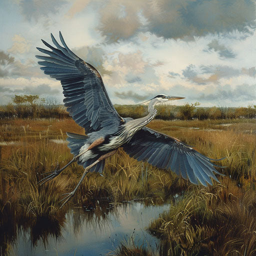 Blue heron taking flight with wings spread over a marsh